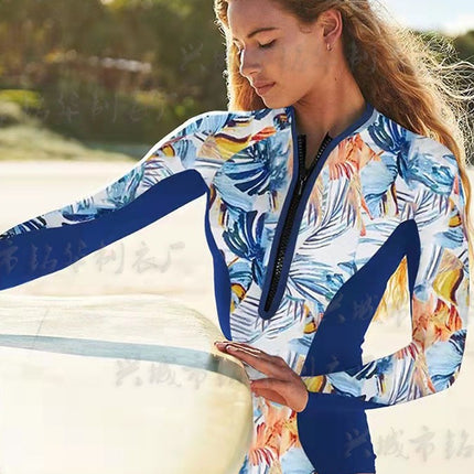 2026 European and American Foreign Trade Slim-Fit Printed Sexy One-Piece Swimsuit Sports Long-Sleeve Zippered Surfing Swimsuit for Women