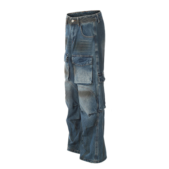 D1616 American Retro High Street Fashion Heavy-Duty Multi-Pocket Color-Spray Design Loose Men's Denim Jeans