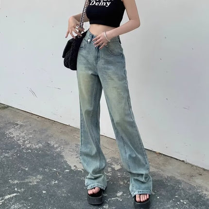 American retro nostalgic light blue high waist wide leg floor jeans 2024 autumn slim high street ins trousers