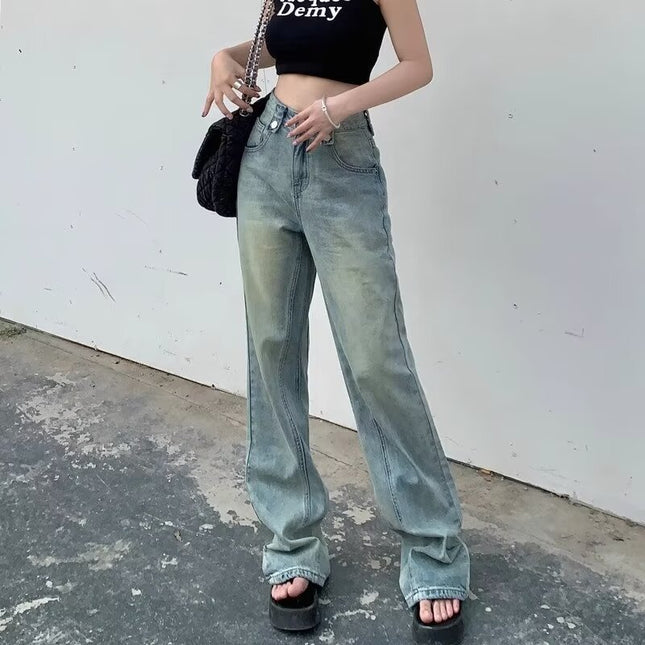 American retro nostalgic light blue high waist wide leg floor jeans 2024 autumn slim high street ins trousers