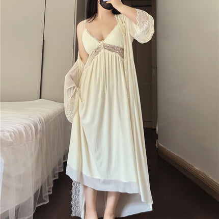 1510 Summer chubby girl plus size Pajamas Women 200 Jin Sexy Lace V-Neck Sling with Chest Pad Two-Piece Long Nightgown