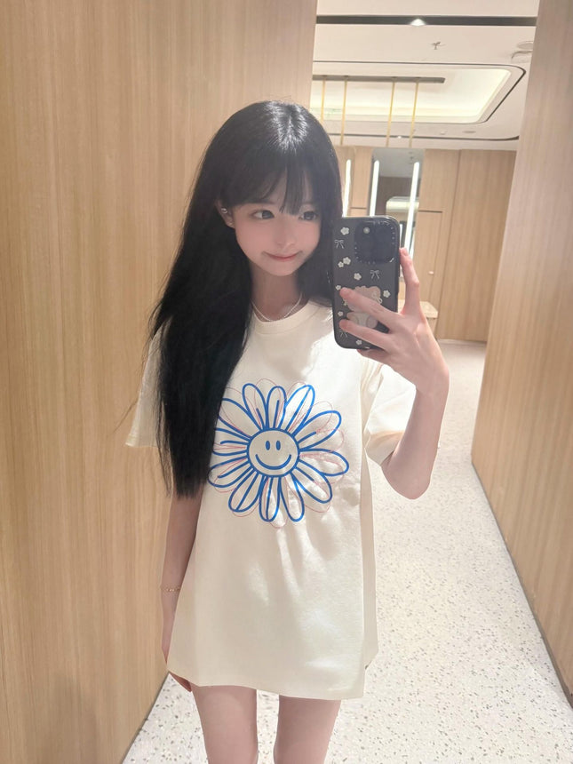 Ins Korean Style Spring and Autum Girls Smiling Face Short-Sleeved T-Shirt Printed Korean Style