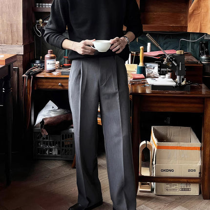 Kuerge wide-leg trousers men's European-made loose straight trousers elastic adjustable button suit pants non-ironing suit pants