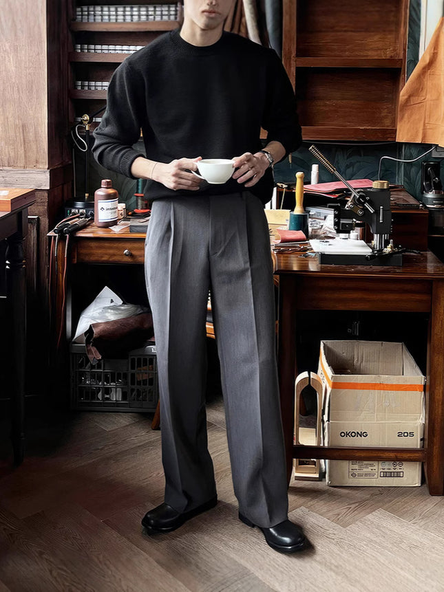 Kuerge wide-leg trousers men's European-made loose straight trousers elastic adjustable button suit pants non-ironing suit pants