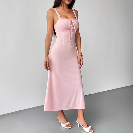 AD298 Cross-border Fashion New Sexy Pink Backless Sling Waist Explosions Women's Lace-up Backless dress