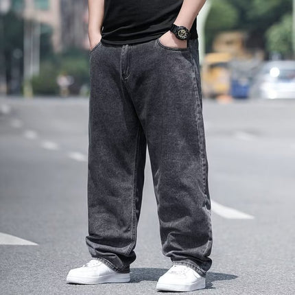 Plus-Size Men's Loose Straight-Leg Casual Jeans, Versatile Deep-Crotch Durable Men's Pants