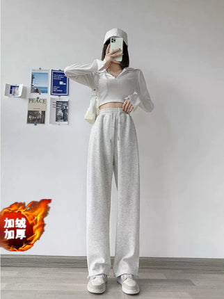 Drawstring Convertible Sweatpants for Women, Spring and Autumn 2025 New Style, Loose Casual American Style, White and Gray, Petite Straight-Leg Sweatpants