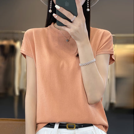 ShorT-sleeved T-shirT for Women 24 Summer New Round Neck Ice Silk Thin BreaThable ImiTaTion Sun Slimming Look BoTToming KniTwear T-shirT Half-sleeved