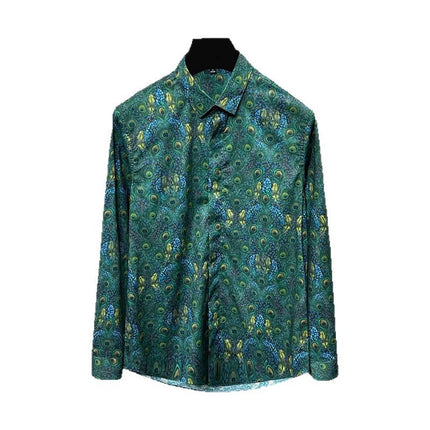 Men's Clothing with a Light Luxury and High-End Feel, Trendy Men's Long-Sleeved Shirts, Printed Peacock Feather Shirts, Light Luxury and Stylish Men's Clothing