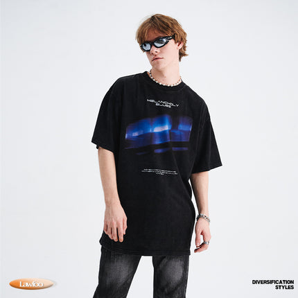 LawFoo spring and summer national fashion brand American style washed old direct injection printing drop shoulder loose version couple T-shirt fashion