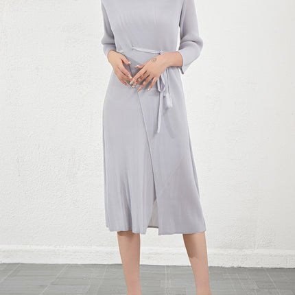 Miyake High-End Dress Long-Sleeved French Garden Collar Pleated Slit Lace-Up Slim One-Piece Dress for Women