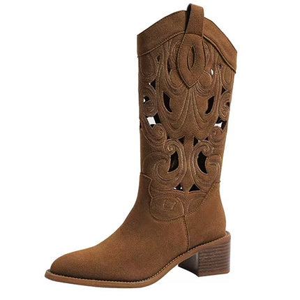 Retro Western Cowboy Boots Thick Heel Embroidered Cave Knight Boots Retro Large and Small Size Breathable Women's Boots Pointed Toe Boots