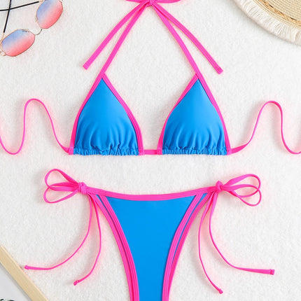 2025 New Amazon European and American Color-Blocked Halter Sexy Bikini Swimsuit Women's Beach Hot Spring Swimsuit Bikini
