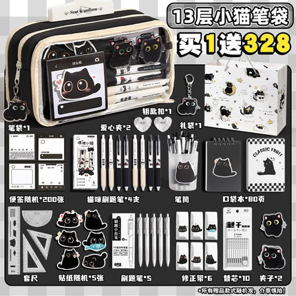 Cat Pencil Case, High Aesthetic Value, Large Capacity, Ins-Style Transparent Korean Version Storage Bag, Cool Black Style Stationery Bag for Study and Office Use
