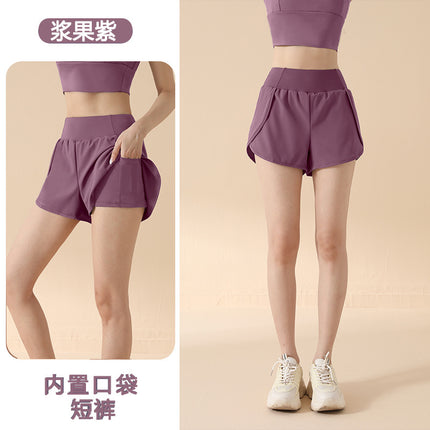 2026 Fake Two-Piece High-Waisted Hip-Lifting Sports Shorts for Women, Anti-Exposure Side Pockets, Loose Fit for Running, Fitness, and Yoga