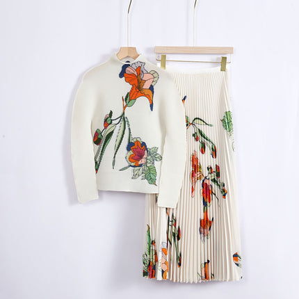 High-grade Pleated Two-piece Set Small Fresh Trumpet Flower Long-sleeved Top Pleated Skirt French Sweet Cross-border Spring Women's Clothing