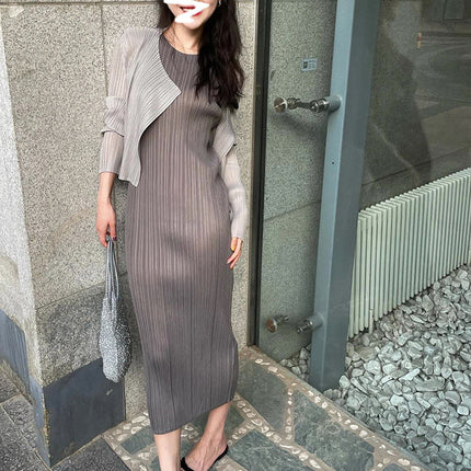 Miyake Women's Pleated dress Summer Long High-end Slimming Straight Sleeveless Vest Long Dress Slim-fit One-step Dress