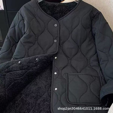 2025 Collarless Lamb Wool Spliced Diamond Plaid Winter K-Style Loose Small Fragrance Style Warm Cotton Coat Women's Cold Protection