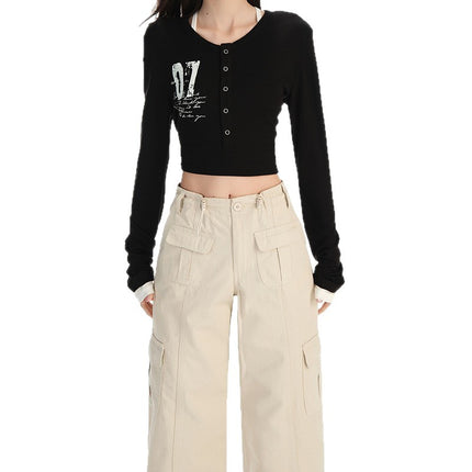 2026 Autumn American Retro Style Adjustable Waist Multi-Pocket Patchwork Design Loose Straight-Leg Casual Pants for Women