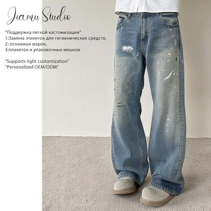 JIAMU Retro American Style High Street Baggy Style Unisex Wide Leg Dirty Spray Ink Old Design Jeans