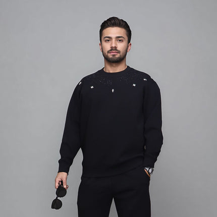 American-style High Street Casual Heavy Hot Drilling Meteor Shower Cross Plus Size Crewneck Sweatshirt Top fleece-lined Fat