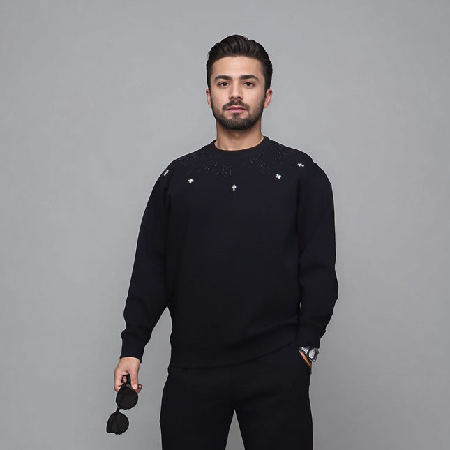 American-style High Street Casual Heavy Hot Drilling Meteor Shower Cross Plus Size Crewneck Sweatshirt Top fleece-lined Fat