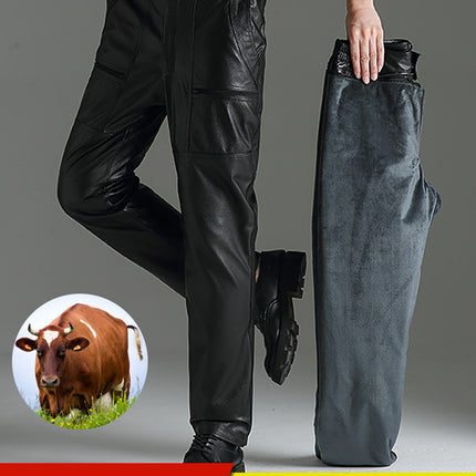 Haining Top-layer Cowhide Leather Pants Men's Fur One-piece fleece-lined Thickened Cotton Pants for Middle-aged and Elderly Men's Pure Leather and Genuine Leather Pants
