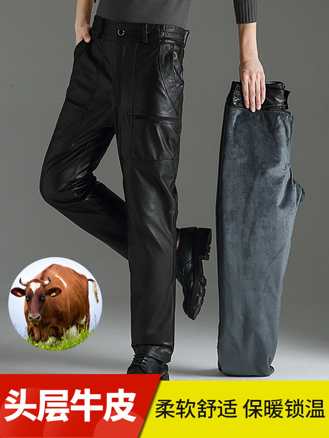 Haining Top-layer Cowhide Leather Pants Men's Fur One-piece fleece-lined Thickened Cotton Pants for Middle-aged and Elderly Men's Pure Leather and Genuine Leather Pants