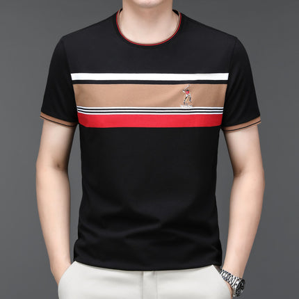 Famous Mouse Men's Summer New Men's Cotton T-Shirt Round Neck Striped Business Loose Short-Sleeved T-Shirt Top Men