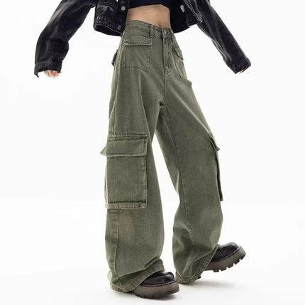 American Style Retro High Waist Green Overalls Jeans Girls Trendy Brand New Loose Straight Casual Wide Leg Trendy Trousers