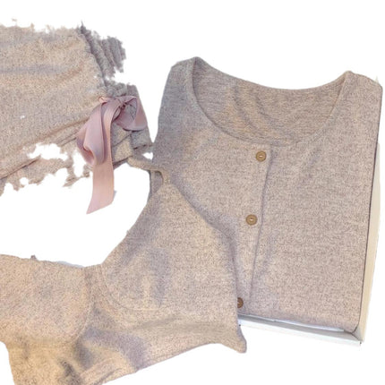 Autumn and Winter Brushed Cotton Women's Camisole Pajama Set with Chest Pads, Three-Piece Cardigan Set, Can Be Worn Outside, Ins-Style Loungewear Set