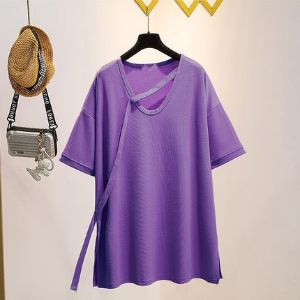 Niche Design Sense Mid-length Short-sleeved T-shirt 2024 Summer chubby girl plus size Women's Loose Slimming All-match Solid Color Top