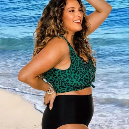 Large Size Split Swimsuit Women's Green Leopard Tankini Huludao Swimsuit Plus Size Loose Conservative Swimsuit