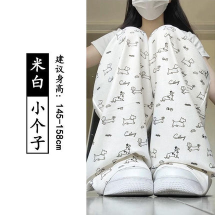 Apricot Puppy Print Ice Silk Wide-Leg Pants for Women Summer High-Waisted Casual Floor-Length Pants Lazy Style Straight Pants