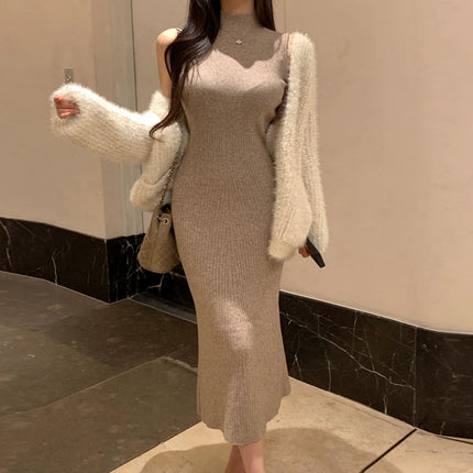 South Korea Dongdaemun Sexy Feminine High Neck Slim Figure Solid Color Elegant Long Knitted Sleeveless dress