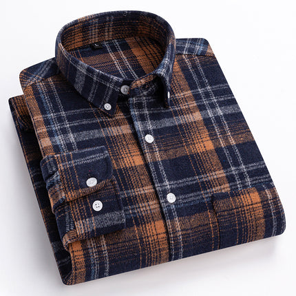 New Spring and Summer Pure Cotton Men's Shirts, Brushed Plaid Long-Sleeved Casual Shirts, Slim Fit, Fashionable and Versatile Tops Wholesale