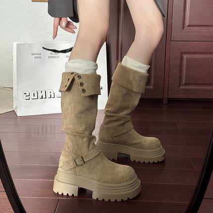 Thick-Soled Boots for Women 2025 New Autumn and Winter Retro Suede Slim Boots No More Than Knee-High Knight Boots