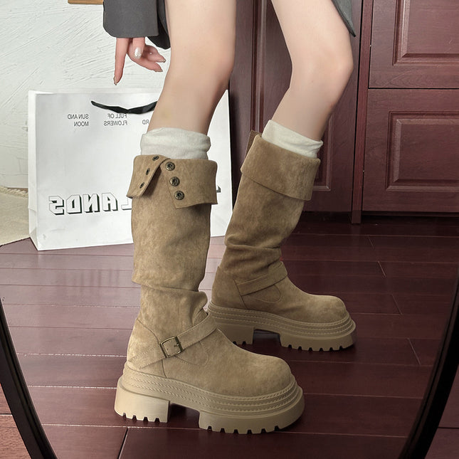 Thick-Soled Boots for Women 2025 New Autumn and Winter Retro Suede Slim Boots No More Than Knee-High Knight Boots