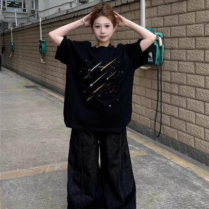 Black Pure Cotton Short-Sleeved T-Shirt for Women, Summer 2026 Style, Student Loose Oversize Half-Sleeve American Style Top, Trendy