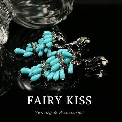 Vintage New Women's Turquoise Elegant Glass Light Luxury Necklace with Unique Niche Brooch Tassel Earrings Set
