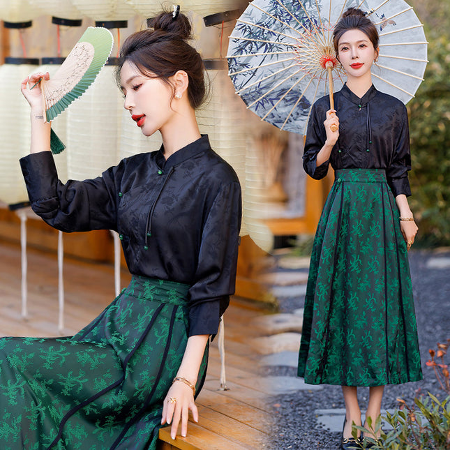 National style horse face skirt two-piece jacquard shirt elastic waist horse face skirt new Chinese 2024 new suit