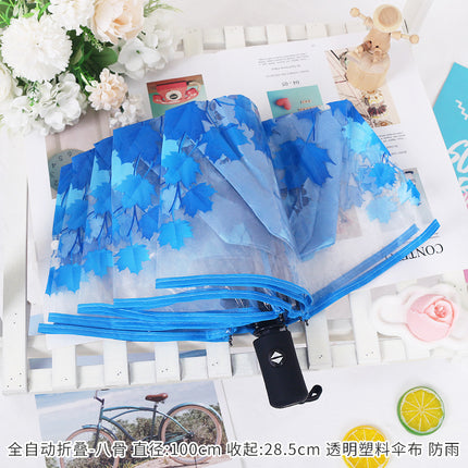 Fully Automatic Folding Plastic Transparent Cherry Blossom Umbrella for Women, Long Handle Apollo Style, Fresh and Simple, for Children, Students, Performances, Wholesale