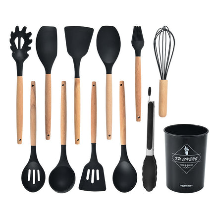 Wholesale Wooden Handle Silicone Kitchenware 12 Pieces suit Household Non-Stick Cooking High Temperature Resistant Cooking Silicone Spoon suit
