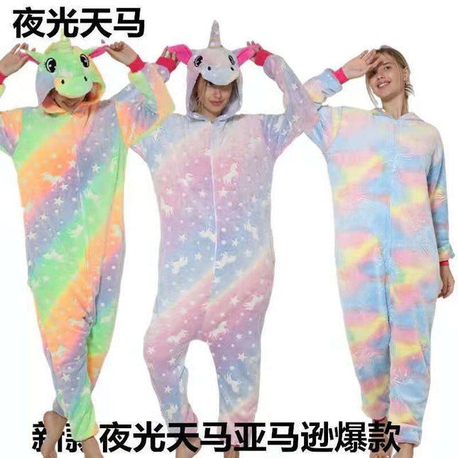 Cartoon One-Piece Cross-Border New Flannel Autumn and Winter Pajamas Animal Luminous Pegasus Dinosaur Couple Pajamas Home Clothes