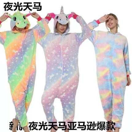 Cartoon One-Piece Cross-Border New Flannel Autumn and Winter Pajamas Animal Luminous Pegasus Dinosaur Couple Pajamas Home Clothes