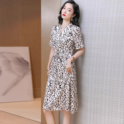 Summer New Style French Silk Dress Tea Break Dress Mid-Length V-Neck Slimming Mulberry Silk Dress
