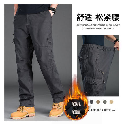 Overalls Men's Autumn and Winter fleece-lined Thickened Trendy Brand plus size Casual Pants Straight-Leg Loose Wide-Leg Winter Pants