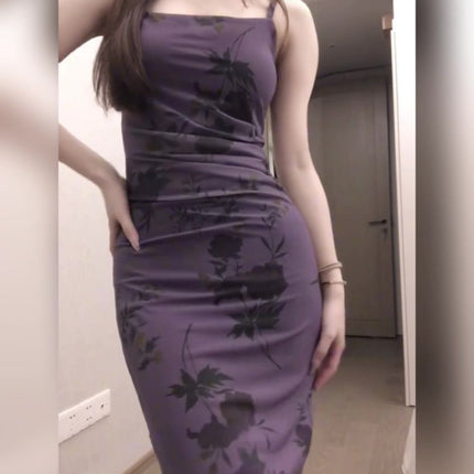 Purple Floral French Style Royal Sister Purple Suspender Dress Women's Summer Rose Print Slim Hip Skirt Long Skirt
