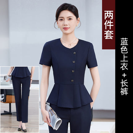 Short-Sleeved Business Suit Suit for Women Summer Temperament Hotel Front Desk Reception Beauty Salon Gold Shop Work Clothes Large Size