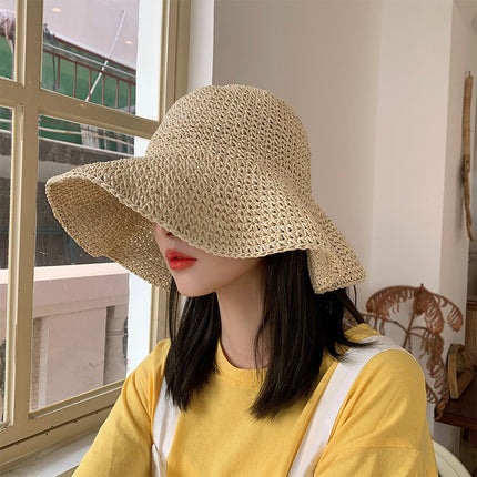 [Great Value] French Style Socialite Flat Top Hat 2025 New Summer Elegant Pearl String Sunshade Woven Straw Hat